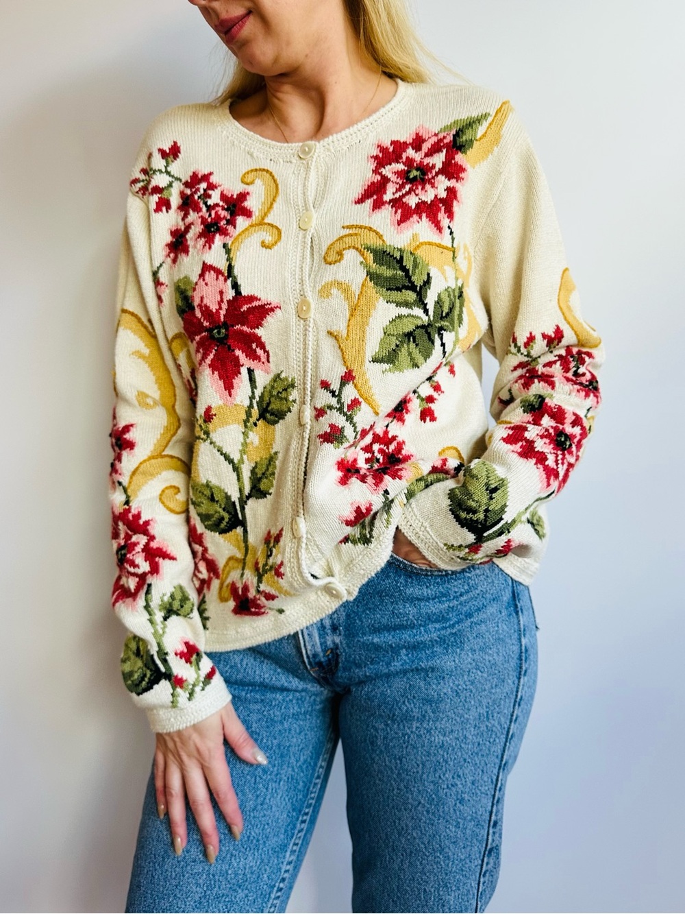 Vintage Coldwater Creek Floral Knit Cardigan Sweater Cream Red Ramie Bohemian